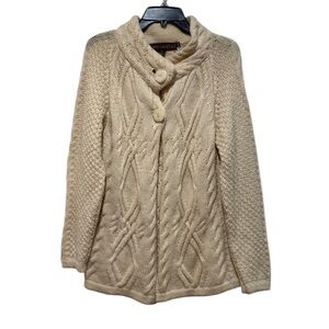 Inis Crafts Women Wool Cable Knit Fisherman Cardigan Sweater Medium M Cozy Stapl